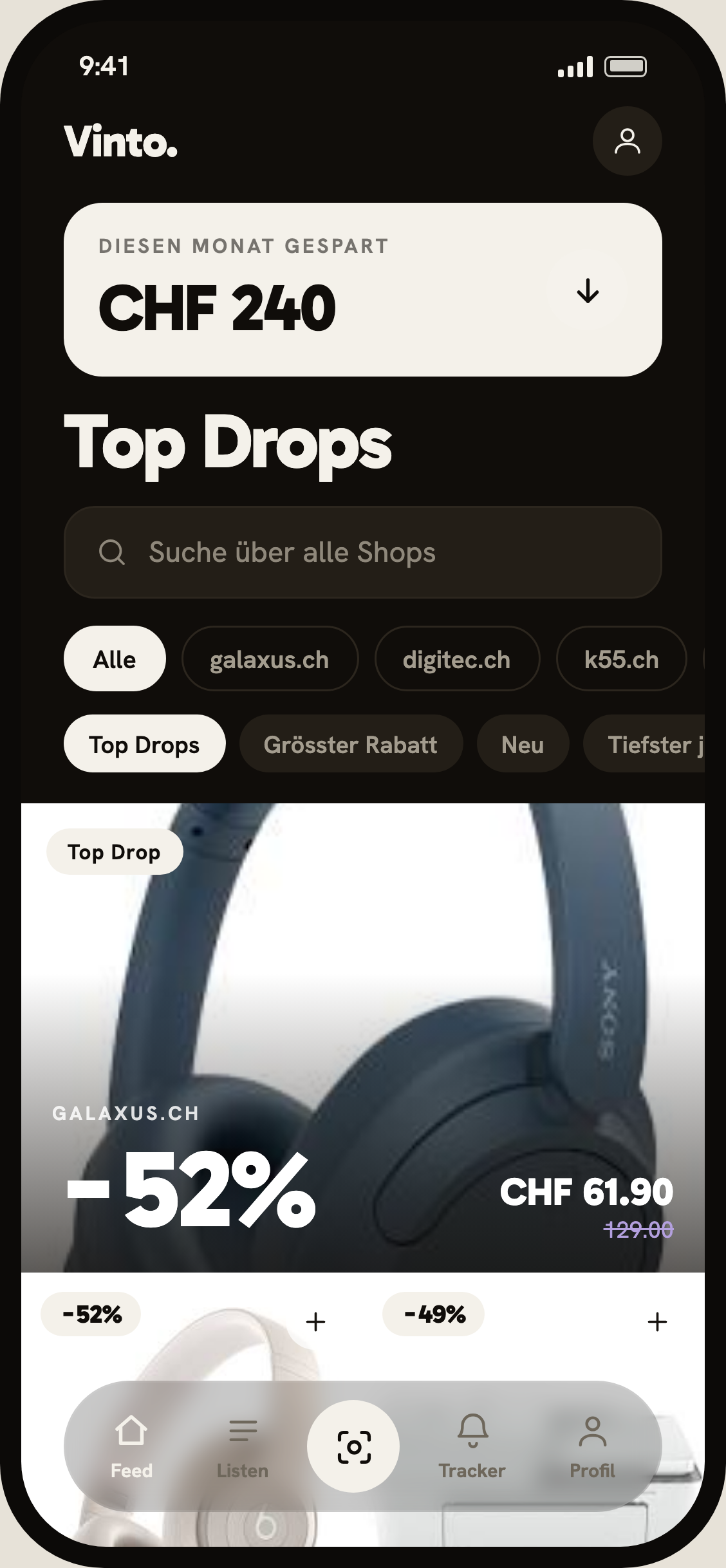 Vinto feed in dark mode